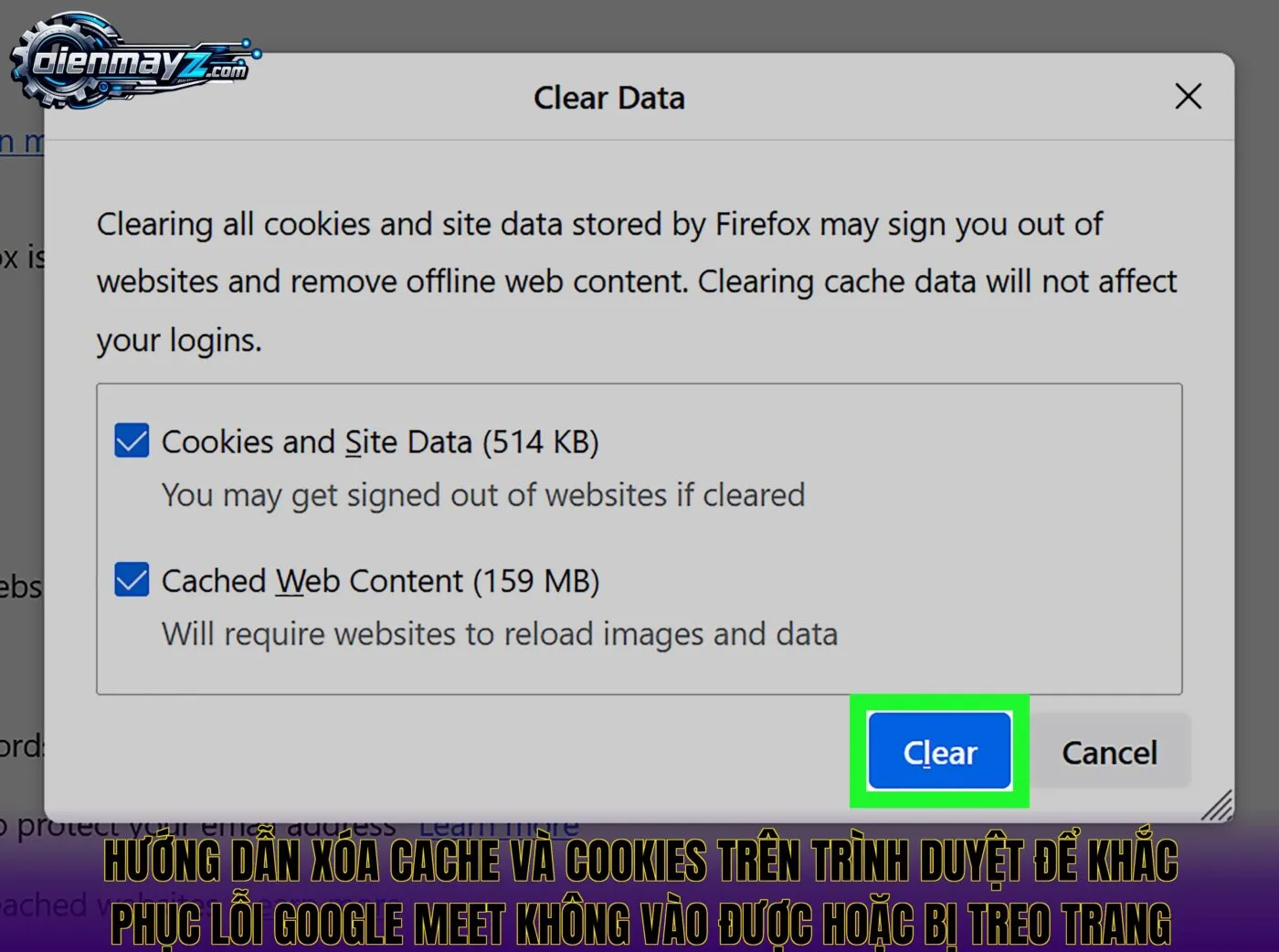 Hướng dẫn xóa cache và cookies trên trình duyệt để khắc phục lỗi Google Meet không vào được hoặc bị treo trang