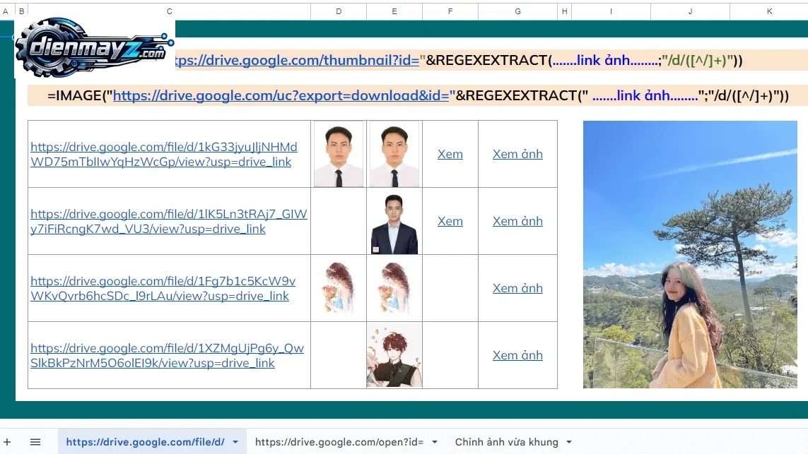 Ví dụ sử dụng hàm IMAGE để chèn ảnh vào Google Sheets tự động